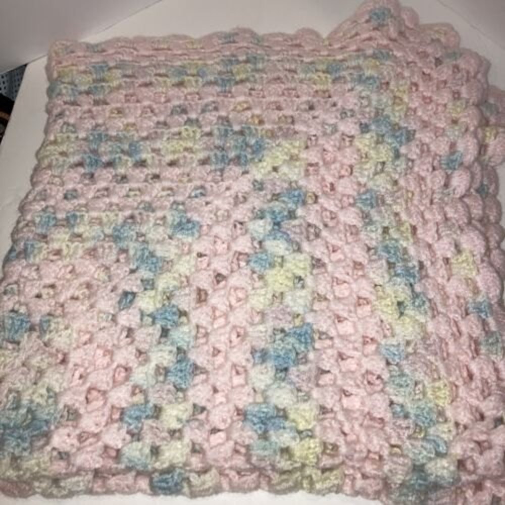 Hand Crocheted Baby Blanket Pink Blue and Yellow VGUC - Picture 1 of 4